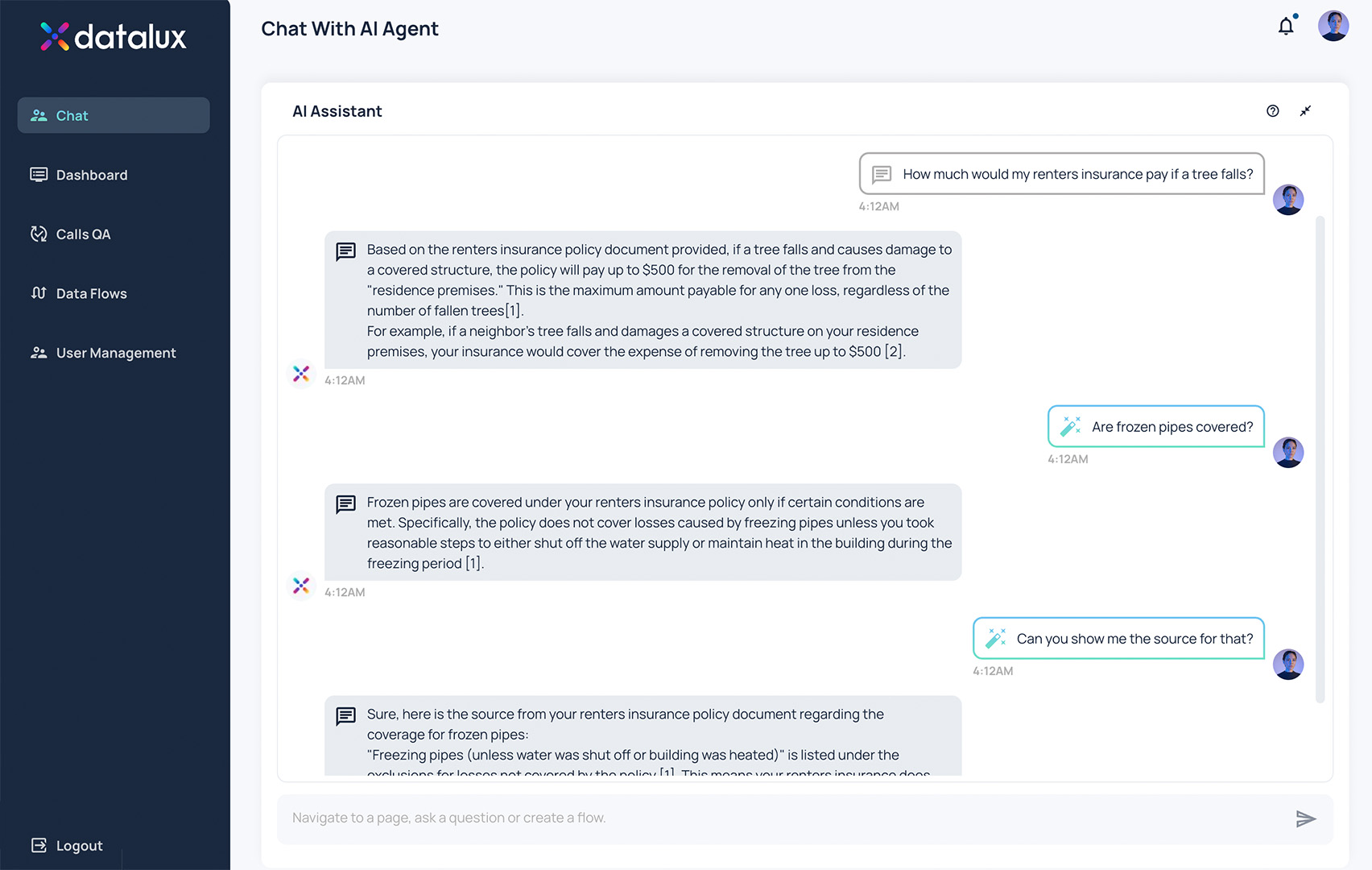 DataLux application interface with AI-assisted information retrieval